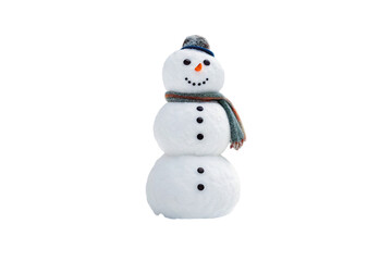 Traditional three-tier snowman with gray knit hat, colorful striped scarf, coal buttons, carrot nose, black eyes, isolated on a transparent background