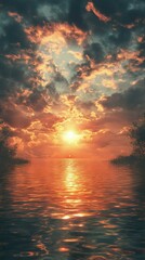 Lake at Dramatic Sunset with Reflections and Clouds