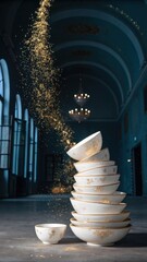 A cascade of golden glitter pours over a stack of ornate white bowls in a grand hall with chandeliers