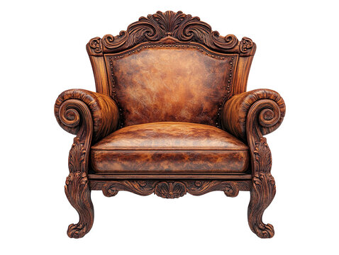 Antique carved wooden chair with leather upholstery isolated on transparent background