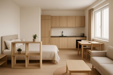 Cozy studio apartment featuring minimalist design with wooden furniture, a compact kitchen, and natural light from large windows