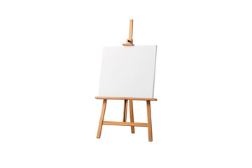 Wooden easel with pristine white canvas positioned upright for art studio painting sessions, isolated on a transparent background