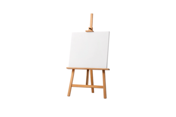 Wooden easel with pristine white canvas positioned upright for art studio painting sessions, isolated on a transparent background