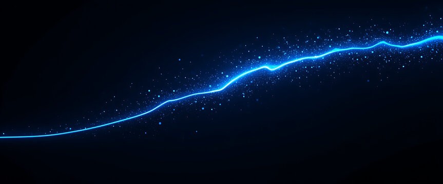 Abstract single glowing dark blue gradient line strick down from right top and on the edge of down line broken and creating shimmering glowing particles in pink purple and dark blue background, minima