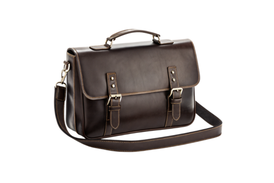 Dark brown leather messenger bag with buckle closure and adjustable shoulder strap for work, isolated on a transparent background