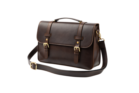 Dark brown leather satchel with brass buckles and removable shoulder strap for professional use, isolated on a transparent background