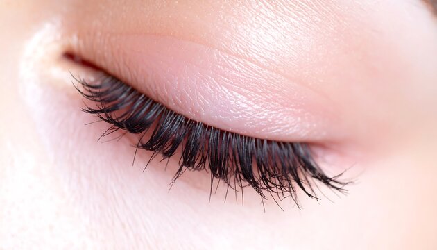 Close-up of a closed eye with subtle makeup and long lashes