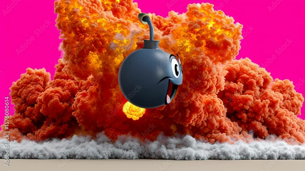 Aufkleber cartoon bomb is exploding in a cloud of orange smoke. the bomb is smiling and has a happy expression
