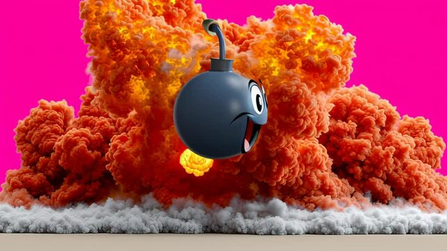 Cartoon bomb is exploding in a cloud of orange smoke. The bomb is smiling and has a happy expression