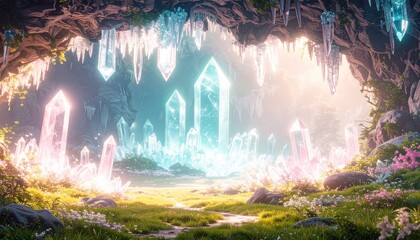 幻想的な光を放つ巨大な結晶が林立する洞窟、緑豊かな植物が生い茂り、水が流れ込む神秘的な光景、ピンクや水色の光が織りなす美しいコントラスト、異世界のような自然の驚異を感じさせるファンタジーアート。
