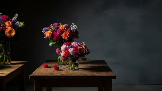 Colorful flower bouquets on wooden tables