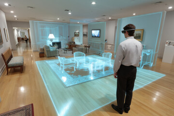 Man using augmented reality headset in modern living room, viewing virtual furniture and digital interior design overlay
