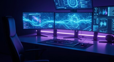 Naklejka premium Futuristic AI Studio Setup with Multiple Monitors and Neon Lights