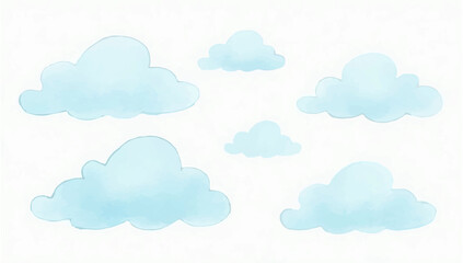 Collection of Light Blue Watercolor Clouds on White

