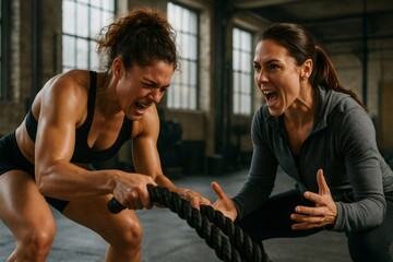 Trainer passionately motivates an athlete during a high energy workout, emphasizing strength and determination in an industrial gym setting