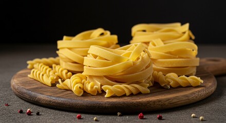 A close up of tagliatelle pasta and fusilli pasta on a wooden board with a dark background studio shot