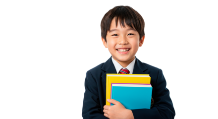 Smiling Asian schoolboy in uniform holding books, looking excited and happy for his first day in school