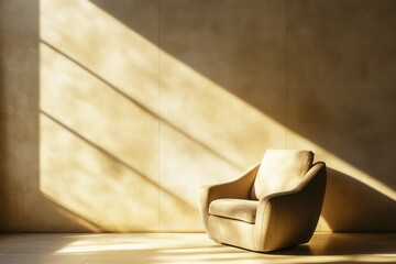 Cozy and Modern Single Armchair in Minimalist Interior with Warm Natural Light Casting Shadows on Textured Wall
