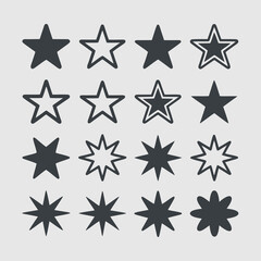 Obraz premium Grid of sixteen star icons suitable for ratings, reviews, celestial themes. Perfect for websites, apps, design projects needing star visual.
