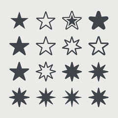 Fototapeta premium Grid of sixteen star icons suitable for ratings, reviews, celestial themes. Perfect for websites, apps, design projects needing star visual.