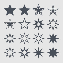 Grid of sixteen star icons suitable for ratings, reviews, celestial themes. Perfect for websites, apps, design projects needing star visual.
