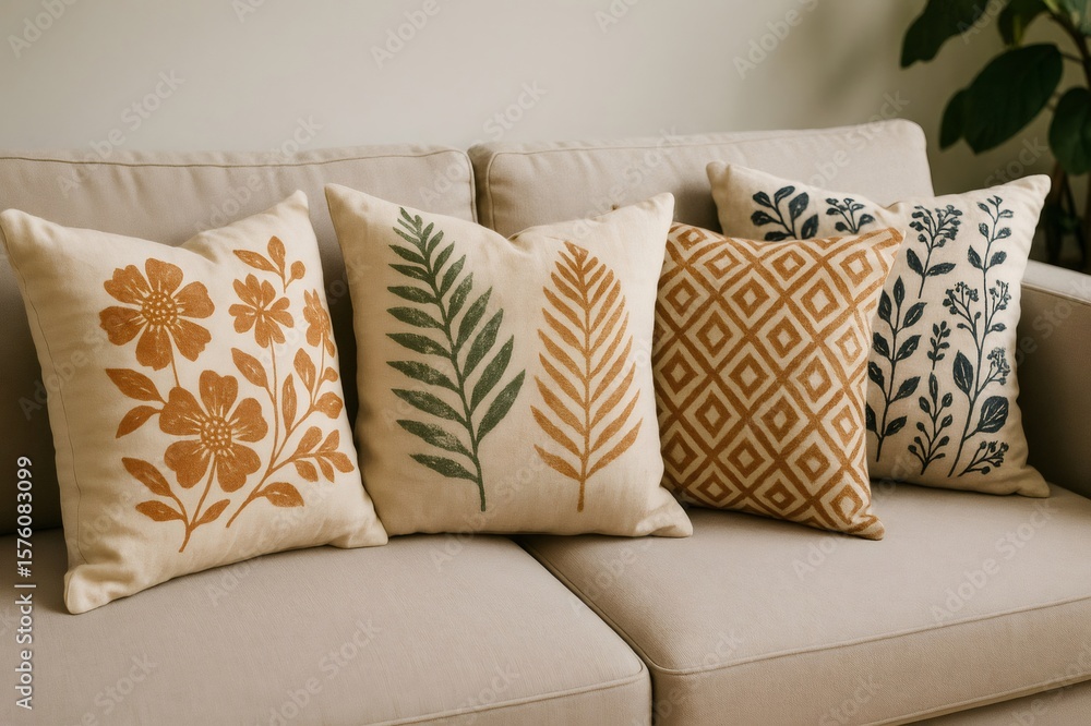Aufkleber four handmade decorative pillows with floral and geometric patterns are adding a touch of style to a