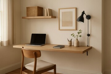 Minimalist home office setup featuring floating desk, laptop, chair, and decorative elements, creating a cozy and productive workspace