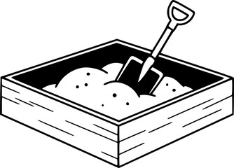 Black and white illustration of a sandbox with a shovel inside

