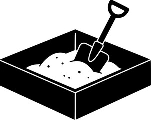 Black and white illustration of a sandbox with a shovel inside
