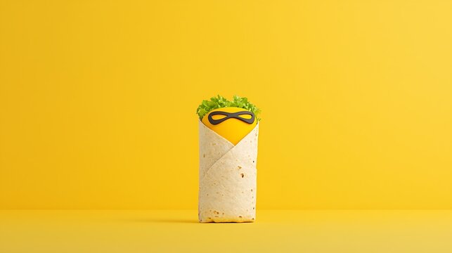 Playful superhero burrito character with lettuce hair and mask on yellow background