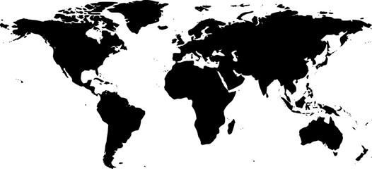 Global Overview Black and White World Map Silhouette with Continent Representation
