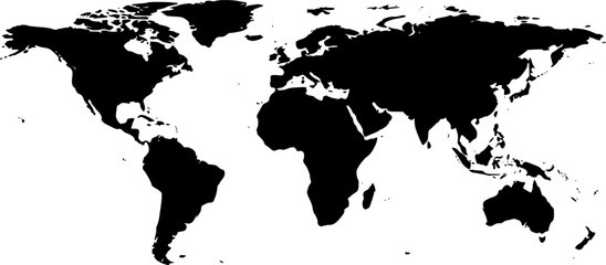 Global Overview Black and White World Map Silhouette with Continent Representation
