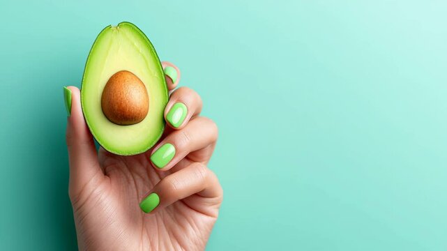 Hand holding an avocado with a green nail polish. The avocado is cut in half and the green nail polish is on the fingernails