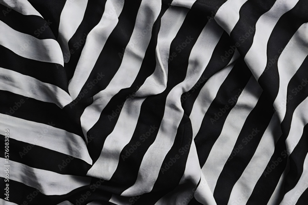 Poster close up of a black and white striped textile creating a beautiful abstract pattern with its folds a