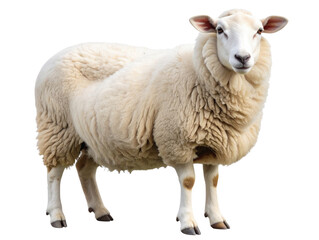 Fototapeta premium Side Profile of Fluffy White Sheep Standing Calmly, Isolated on Transparent Background 