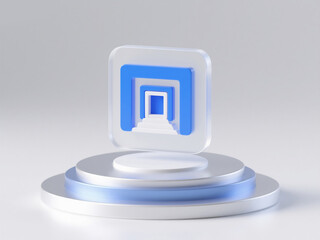 Innovative 3D Portal Icon on Circular Base: Futuristic Financial Technology Concept. Minimalist Blue Tech Illustration for Investment Strategies, Business Growth, and Economic Advancement. Perfect for