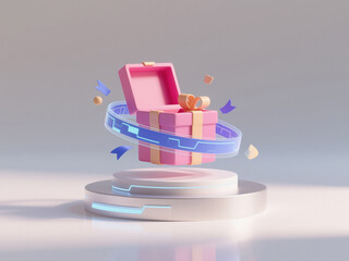 Pink Gift Box Icon on Circular Base: Innovative 3D Illustration for Financial Technology and Investment Concepts. Minimalist Design with Blue Tech Aesthetic for Business Presentations, Annual Reports,