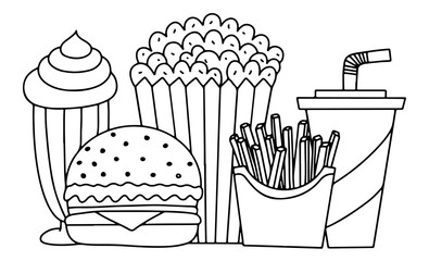 Fast food and desserts hand drawn vector sketch. Coloring page with burger, popcorn, french fries, ice cream and soda