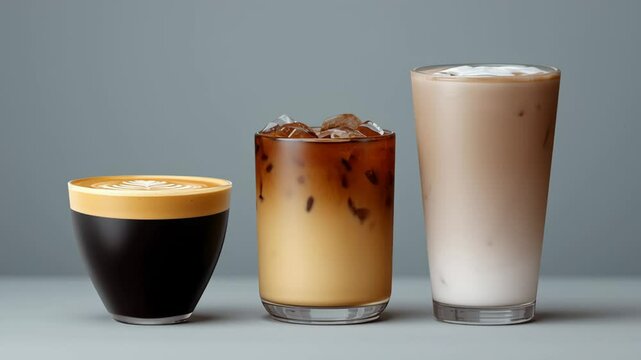 Three glasses of coffee with different colors and one of them is a bowl. Scene is casual and relaxed