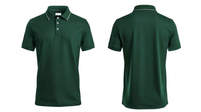 Dark green short sleeve Polo t-shirt in front and back view, mockup isolated on transparent background
