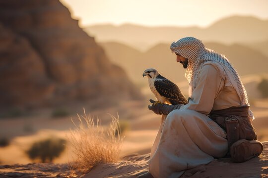Falconer sitting in the stunning desert of Wadi Rum, Jordan, holding a majestic falcon on his hand as the sun sets, casting golden light - Powered by Adobe