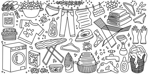 Laundry doodle vector set. Washing machine, ironing board, clothes dryer, dirty laundry, washing powder sketches set