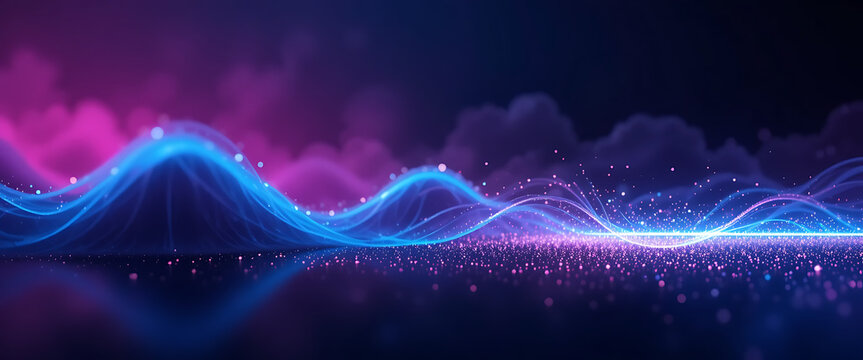 Abstract single glowing dark blue gradient line strick down from right top and on the edge of down line broken and creating shimmering glowing particles in pink purple and dark blue background, minima