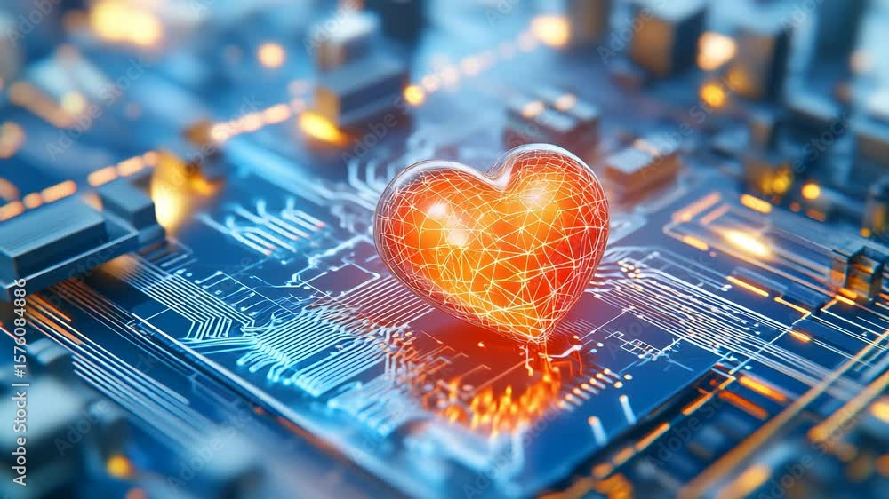 Poster glowing orange heart shape with network lines positioned on blue circuit board with technological el