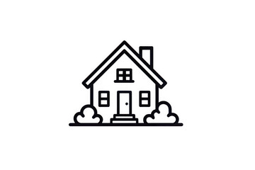 Fototapeta premium Isolated house icon with chimney roof door windows bushes on white background