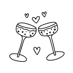 Clinking champagne glasses with hearts vector doodle illustration