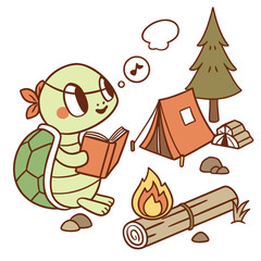 Cute SVG of a Shy Swimming turtle in Campfire Glow colors, featuring reading a book in a Camping trip setting