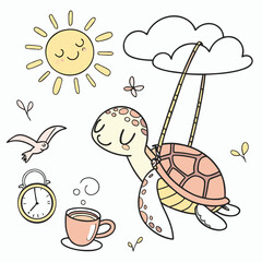 Cute SVG of a Bashful Swimming turtle in Sunny Mornings colors, featuring on a cloud swing in a Morning sunshine setting