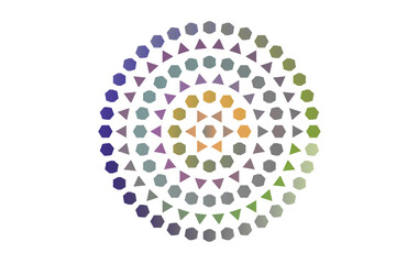 Abstract Circular Mandala Pattern with minimal  Hexagons and Triangles – Symmetrical Geometric Design in Green and Purple for Digital Art, UI Backgrounds, Branding, Posters, and Decor