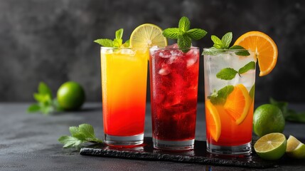 Three refreshing cocktails in tall glasses with citrus slices, mint leaves, and ice, served on a dark textured surface